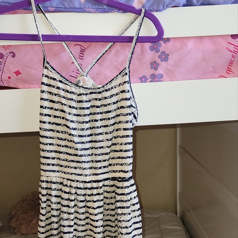 H&M blue and white stripe spaghetti cross strap dress size 8-10